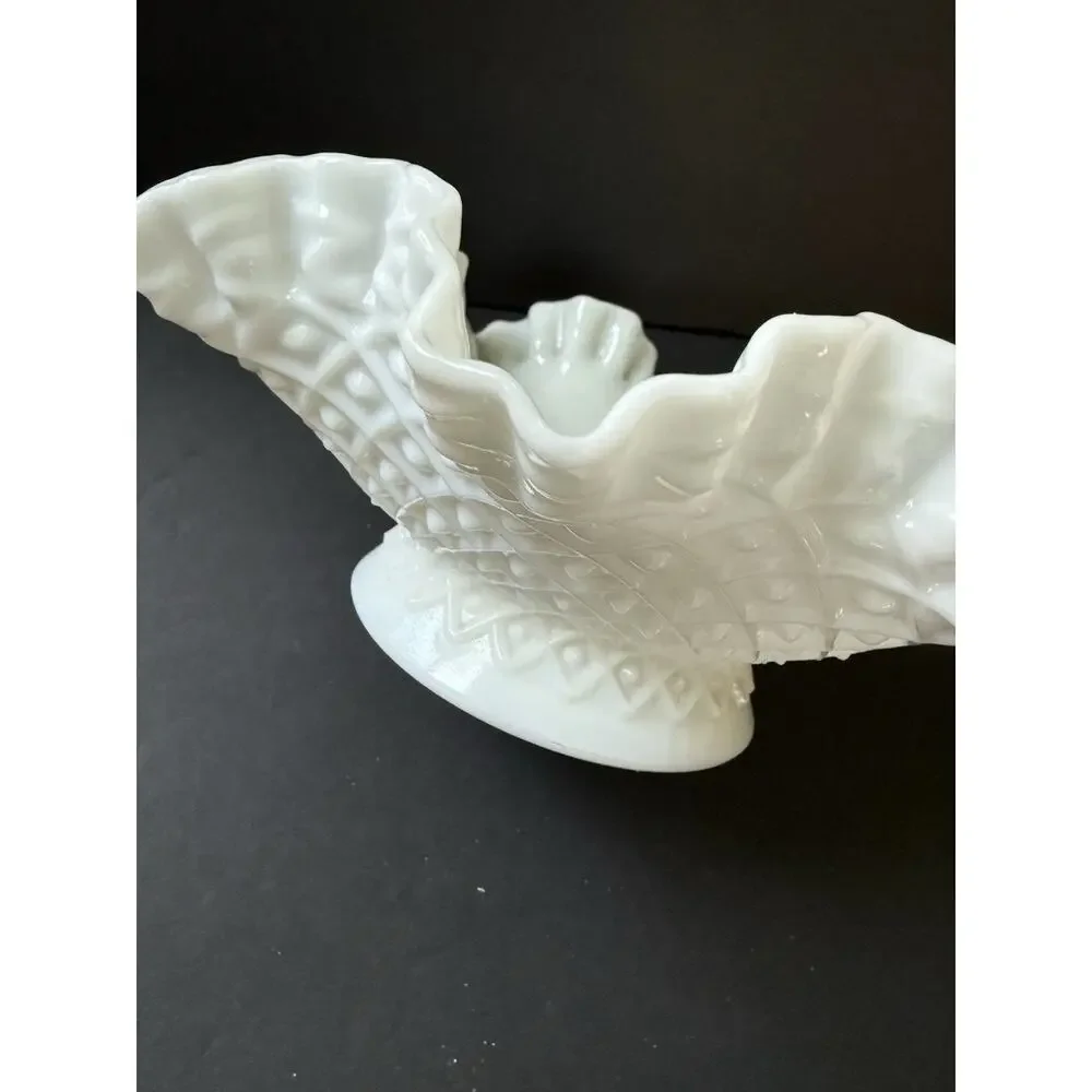 Fenton Hobnail White Milk Glass Double Crimped Ruffled Vase Vintage Pedestal